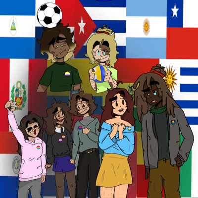 Illustration of a diverse group of youth standing in front of a background of flags.