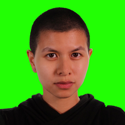 Portrait of Maya Nguyen with a bright green monochromatic background.