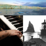 Collage: three images of a glacier, a hand on piano keys, and a black and white photo of a lighthouse and a large rock sticking out of the water.