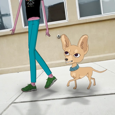 Animation still showing the legs, torso, and arms of a walking person with purple skin, and a chihuahua walking next to them on a sidewalk.