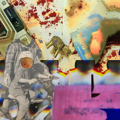 a layered collage, with digital and analog, black and white and color elements