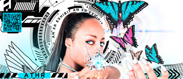 A collaged digital image of a person with long white fingernails and white wings, with multi-colored butterflies and black and white graphics in the background.