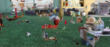 A background of a green lawn with items from an interior (shelves, picture frames, etc.) collaged over it.